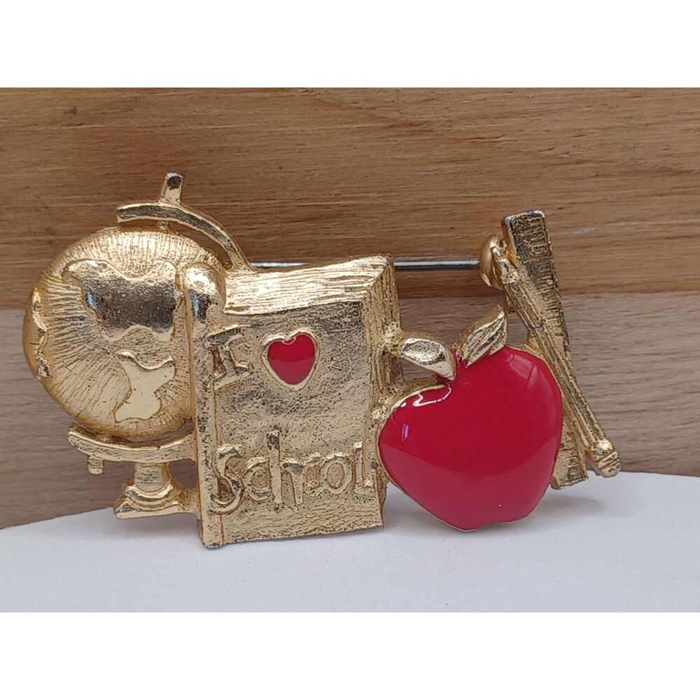 Vintage Teachers Gift "I Love School" Globe, Book, Enamel Apple Ruler Pin Brooch